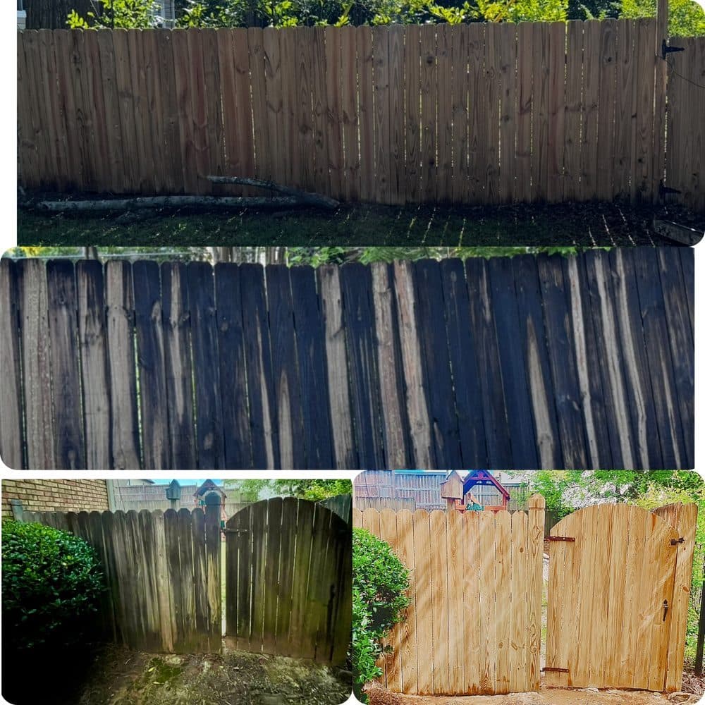 Fence cleaning and wood restoration before and after collage, Birmingham metro